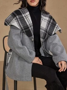 DAZY Women's Autumn/Winter Wool Blend Plaid Patchwork Cinched Waist Elegant Business Casual Overcoat