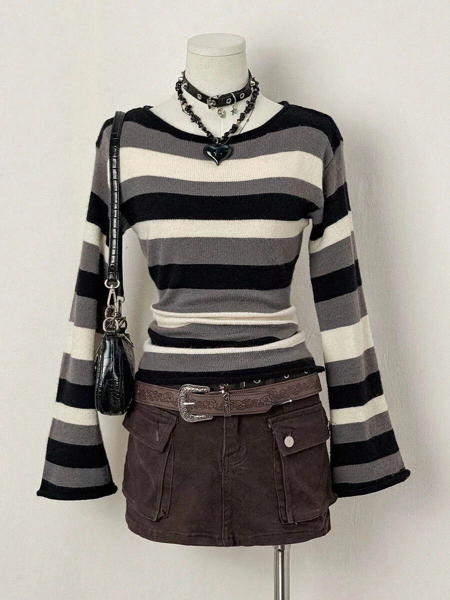 EgrlEra Damen Kontrastfarben Minimalistisches Rundhals Langarm Sweatshirt, Alltags-Tragen