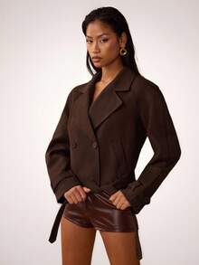 SHEIN BAE 女士时尚通勤短款夹克，秋冬季，女士冬季外套，短款大衣，休闲街头风大衣，百搭夹克，棕色外套 - 咖啡棕 - 查看 6