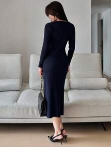 DAZY Women's Elegant Fitted Knit Midi Dress, Suitable For Commuting In Autumn Sweater Dress - Blue - View 4