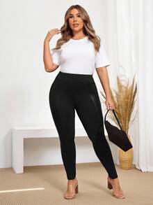 Miaspire Plus Size Women's PU Leather Splice Leggings,Fall Clothes,Spring/Summer/Vacation - Black - View 6