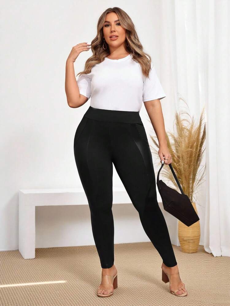 Plus Size Women's PU Leather Splice Leggings,Fall Clothes,Spring/Summer/Vacation