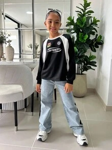 SHEIN 青少年女孩复古街头风格运动卫衣，休闲时尚，适合秋冬季日常穿着 - 黑與白 - 查看 3