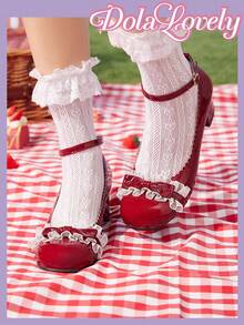 Dola Lovely Zapatos tipo Lolita con lazo decorativo, puntera redonda y tacón medio en color vino para mujer - Burdeos - Ver 3