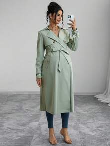 Momance Solid Color Front Pocket Pleated Casual Maternity Regular Jacket - Green - View 6