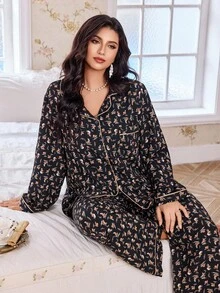 CottageSlumber Floral Print Open Front Collar Long Sleeve Top & Pants Plus Size Women Pajama Set, Fall Winter Clothes - Multicolor - View 5