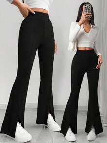 SHEIN 青少年女孩休闲喇叭裤，侧开衩，百搭别致学院风长裤