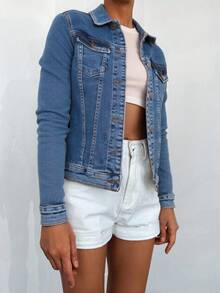 SHEIN Cottnline Flap Pocket Button Front Denim Jacket - Medium Wash - View 3