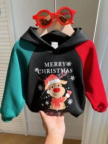 Moletom infantil para menino com estampa de letras e blocos de cores, manga raglan, Feliz Natal, estampa de renas natalinas. Moletom macio e grosso de malha com gola redonda, ideal para outono/inverno. - Multicolorido - Ver 2