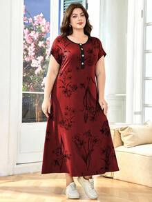 SHEIN Lacomfia Đầm họa tiết hoa giản dị cỡ lớn trang trí nút cho nữ - Đỏ - Xem 3