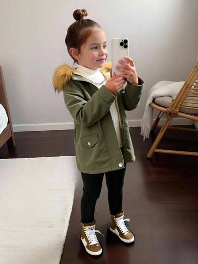 SHEIN Babygirl Casual Versatile Military Green Faux Fur Hooded Jacket, Autumn/Winter Fall