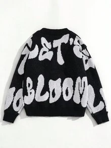 SHEIN Tween Boy Casual Black & White Contrast Letter Graphic Knit Cardigan, Autumn/Winter Boys Boy Kids Boys Kids Boy Teen Boys Fall - Black - View 2