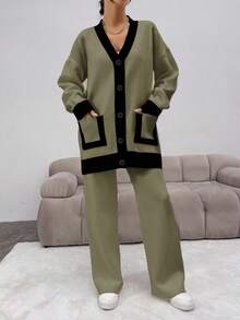 EURMUSE Women's Contrast Color Button Front Drop Shoulder Long Sleeve Pocket Loose Cardigan And Pants Knit Two Pieces Set - Army Green - View 4