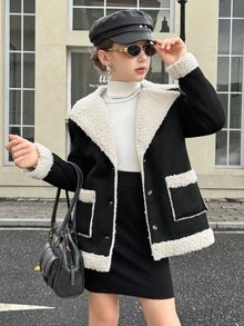 SHEIN 青少年女孩翻领长袖纽扣前开休闲百搭冬季羊毛夹克