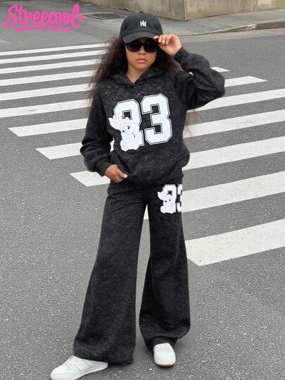 SHEIN Explorewe 2pcs/Set Tween Girls Numeric Print Hoodie Long Sleeve T-Shirt And Pants Set Fall Winter