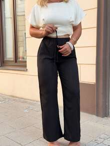 Jeta Ari Calça Capri de perna larga texturizada casual de verão - Preto - Ver 3