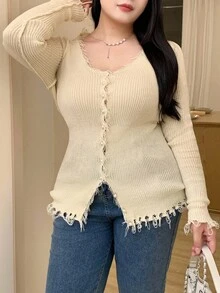 Dazy Plus Cardigan da donna con scollo a V, taglio slim, maniche lunghe, con patchwork e frange, taglia comoda, adatto per primavera/autunno - Albicocca - Visualizzare 1