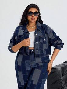 SHEIN SXY Áo khoác ngắn tay denim màu xanh dương không co giãn dành cho nữ cỡ lớn mùa đông, kiểu cao bồi mùa hè. - Rửa tối - Xem 3