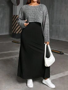 SHEIN Essnce 大码女装春秋季时尚休闲宽松舒适基础款日常灰色长袖露脐上衣和黑色马甲长裙两件套，春季服装，连衣裙套装，曲线套装 - 黑色 - 查看 6