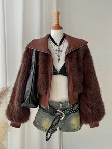 Comfortcana Knitted Patchwork Zipper Faux Fur Jacket, Autumn/Winter - Coffee Brown - View 4