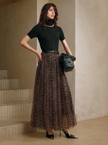 Arave Women's Woven Mesh Leopard Print Digital Print Fabric Elastic Waist Double Mesh 3D Leopard Print Design Elegant Date Long Skirt Fall Clothes For Women Cheetah Print - Brown - View 6