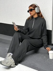 SHEIN Cottnline 2 PCS Zipper Sweatshirt & Wide Leg Sweatpants - Black - View 6