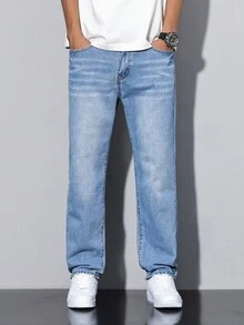 Manfinity Homme Men's Distressed Faded Denim Jeans With Cat Whiskers, Plain Long Washed Straight Leg Navy Blue Cargo Jeans Light Jeans, For Husband, Boyfriend Gifts Going Out College Street Hang Out Sport