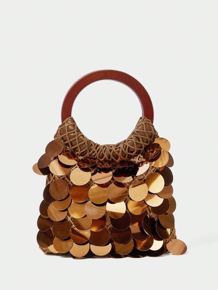 SHECARRY Túi Tote Tay Cầm Bằng Gỗ Đính Hạt Phong Cách Bohemian Thời Trang Cho Nữ - màu nâu - Xem 1