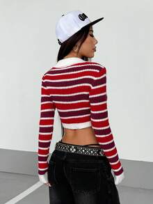 StreetHx pull à manches longues côtelé avec col à revers bicolore pour femme, style streetwear, automne/hiver - Multicolore - Voir 2
