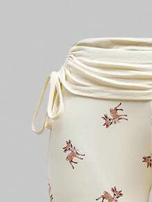 ROMWE J-Fashion Áo ren thêu hình hươu dễ thương kết hợp với quần ống loe in hình hươu khắp thân - Màu be - Xem 3