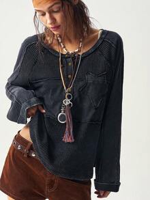 Bohemela 女士休闲针织开襟长袖宽松衬衫，适合秋季、万圣节、音乐节 - 黑色 - 查看 1