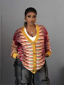 Maweii Plus Size Women Casual Colorblock Knit Cardigan Sweater Winter Fall Autumn - Orange - View 6
