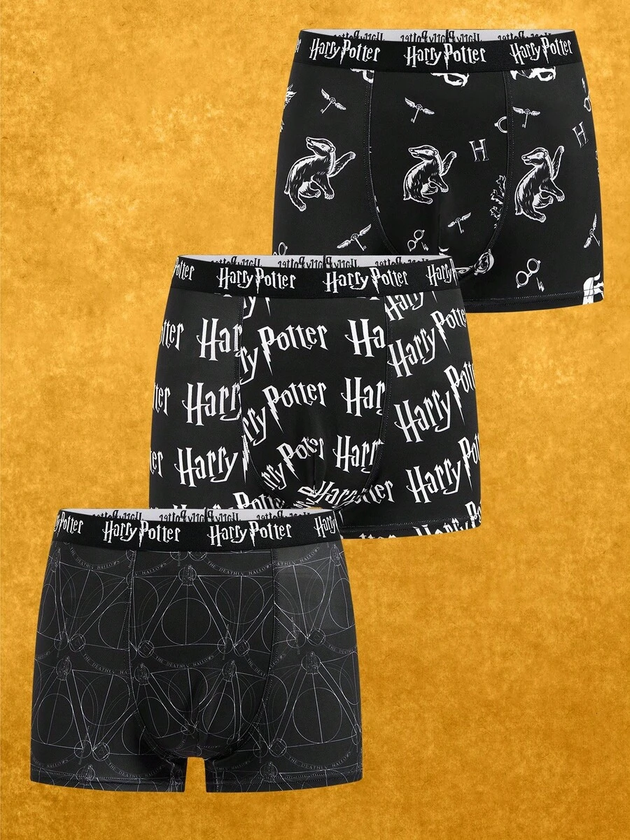 HARRY POTTER X SHEIN Quần đùi nam in chữ toàn thân mềm mại và thoải mái - màu đen - Xem 1