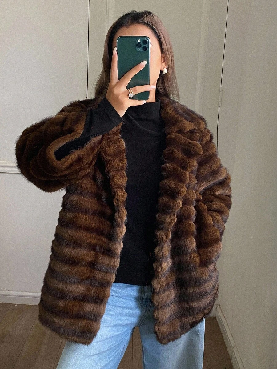 DAZY 厚绒毛领优质女士冬季外套夹克蓬松大衣 - 棕色 - 查看 1