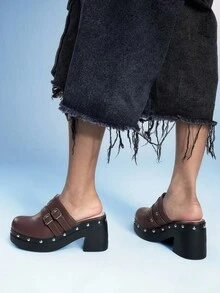 Sugerpunk 女士复古时尚搭扣高跟凉鞋，百搭粗跟穆勒鞋 - 棕色 - 查看 5