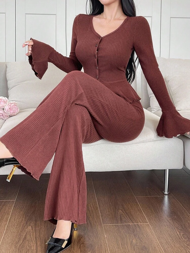 Women's Elegant Solid Color Ruffle Trim Cardigan And Pants 2 Pieces Set, Autumn Lounge Sets For Women