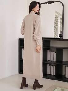 DAZY 女式休闲纯色高领系带毛衣裙，秋季 - 杏色 - 查看 2