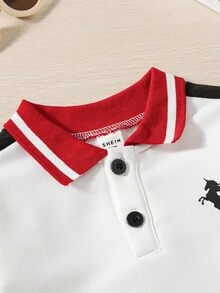 SHEIN Toddler Boys' Colorblock Patchwork Casual Collegiate Unicorn & Horse Print Long Sleeve Polo Shirt, Autumn/Winter Fall - Multicolor - View 4