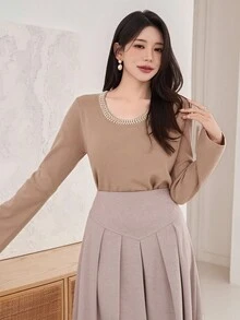 DAZY Suéter de cuello redondo con cuentas para mujer, otoño