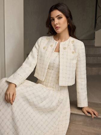 ZEYLAH Women's Plain Beaded Short Jacket, Long Sleeve, Autumn/Winter