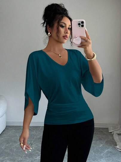 Elenzga Women's Solid Color Batwing Sleeve V-Neck Short Sleeve T-Shirt