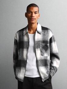 SUMWON 经典水牛格纹羊毛混纺夹克，前拉链闭合，大格子图案，温暖冬季休闲外套 - 黑與白 - 查看 7