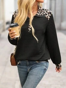 EMERY ROSE 秋季休闲豹纹拼布纹理卫衣 - 黑色 - 查看 7