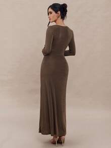 Modelyn Women's Solid Color Minimalist V-Neck Long Sleeve Dress, Casual Everyday Wear  Winter Dresses For Women   Wedding Guest Dress Elegant - Brown - View 4