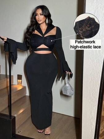 NU&NOW 加大码女式镂空紧身连衣裙，喇叭袖荷叶边，紧身修身，适合派对和外出，秋季