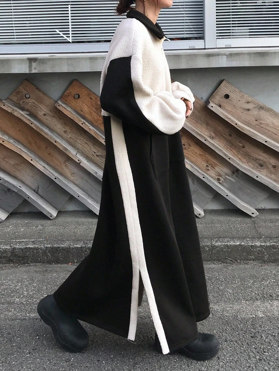 FRIFUL 女式宽松拼色仿羊毛Polo领长款连衣裙 - 黑與白 - 查看 1