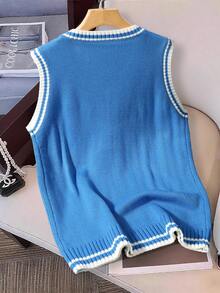 Manfinity Hypemode Áo len dệt kim sọc tương phản cho nam, thu đông - Màu xanh lam - Xem 2