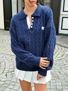 Jouncy Women's Casual Loose Fit Pentagram Pattern Polo Collar Long Sleeve Sweater, Autumn - Royal Blue - View 1