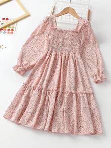 SHEIN Tween Girl Ditsy Floral Print Flounce Sleeve Frill Trim Shirred Dress