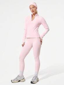 GLOWMODE Slim Fit Warm Hip Length 1/4 Zip Knit Long-Sleeve Top With Thumbholes Running Jogging Hiking Gym Training Daily Active Wear Sweat-Wicking - Baby Pink - View 7